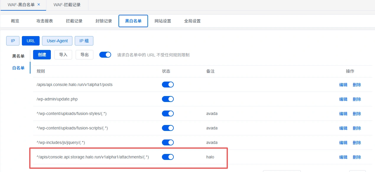 1Panel 部署 Halo 2 - 第一步:精准设置 URL 白名单 - 1panel waf url whitelist regex halo 2