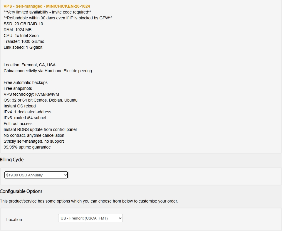 搬瓦工MINICHICKEN套餐补货 - 官方截图 - VPS Self managed MINICHICKEN 20 1024