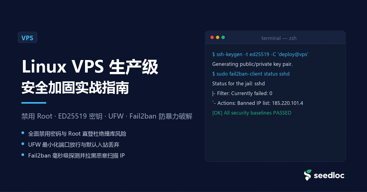 Linux VPS 生产级安全加固实操：禁用 Root、ED25519 密钥与 Fail2ban 防爆破